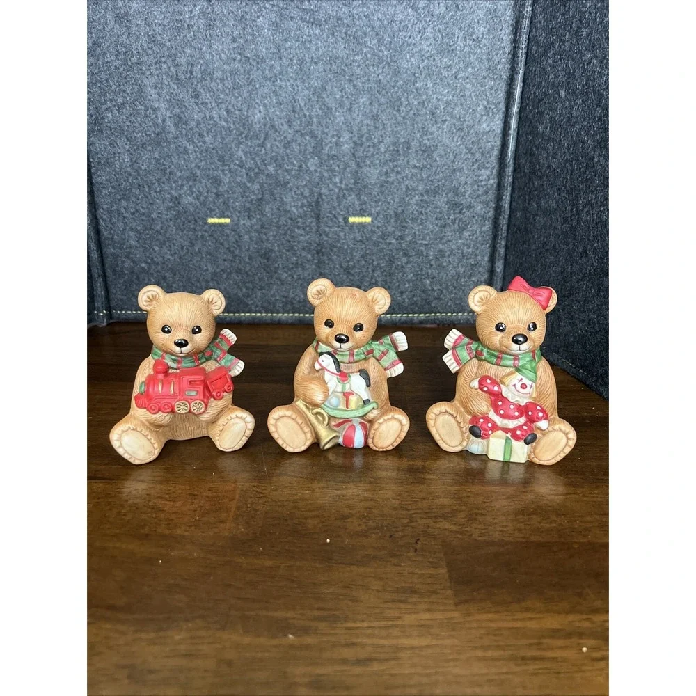 SET OF 3‎ CERAMIC VINTAGE HOMCO BEAR FIGURINES Christmas, train, Horse, Clown